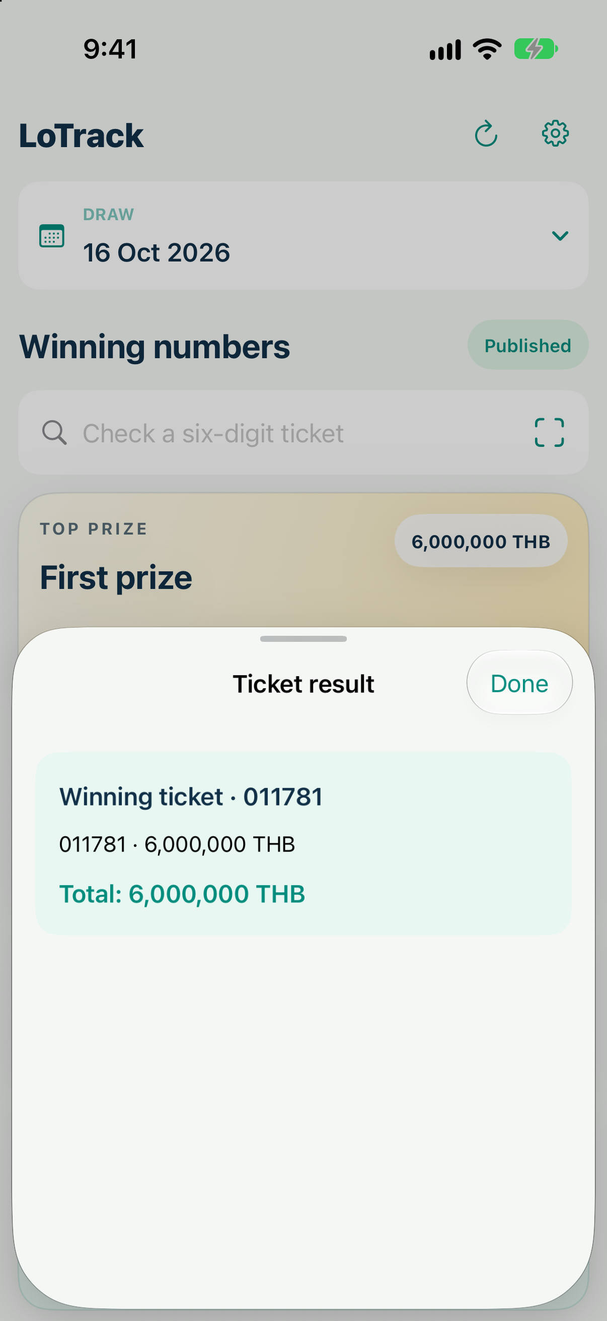 A ticket search result showing a matching first prize