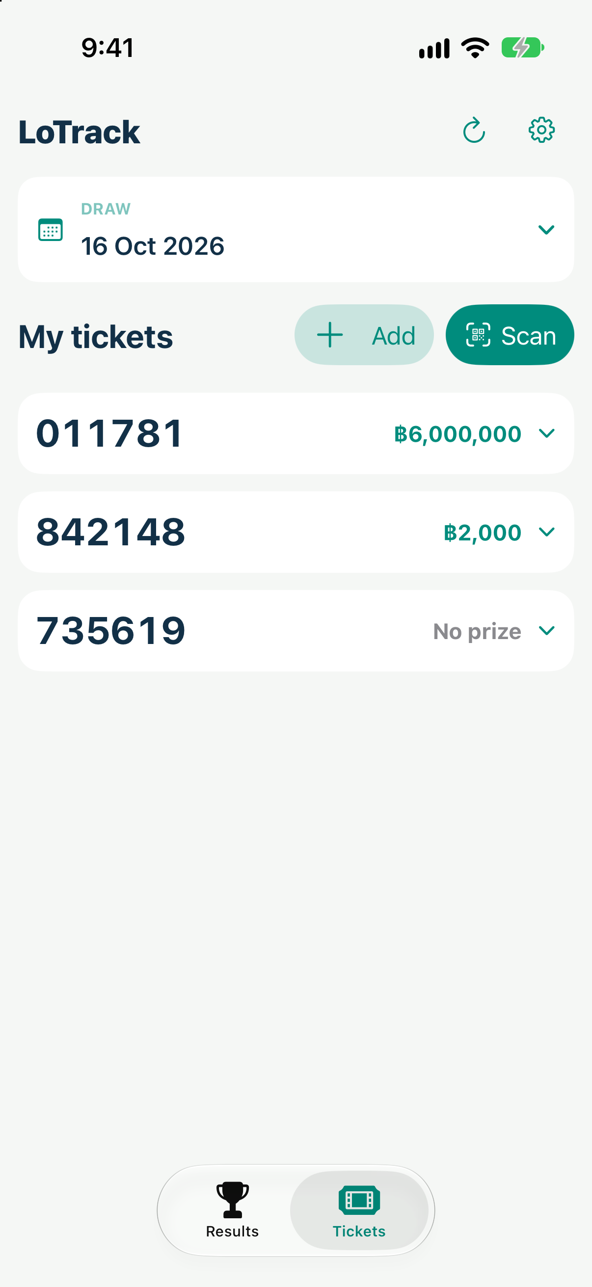 Saved tickets with winning amounts and a no-prize result